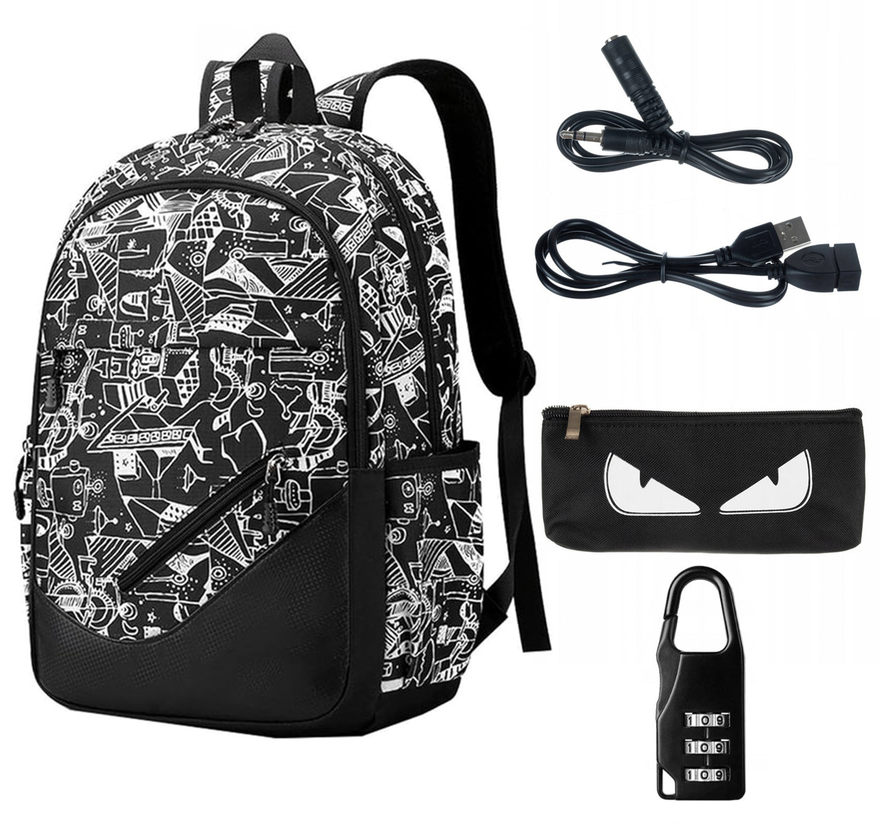 Ghiozdan adolescenti, Zola®, 3 buzunare, prelungitor incarcare USB, mufa Jack pentru casti, lacatu cu cifru, penar, 48x38x18 cm, model abstract alb cu negru Ghiozdan adolescenti, Zola®, 3 buzunare, prelungitor incarcare USB, mufa Jack pentru casti, lacatu cu cifru, penar, 48x38x18 cm, model abstract alb cu negru